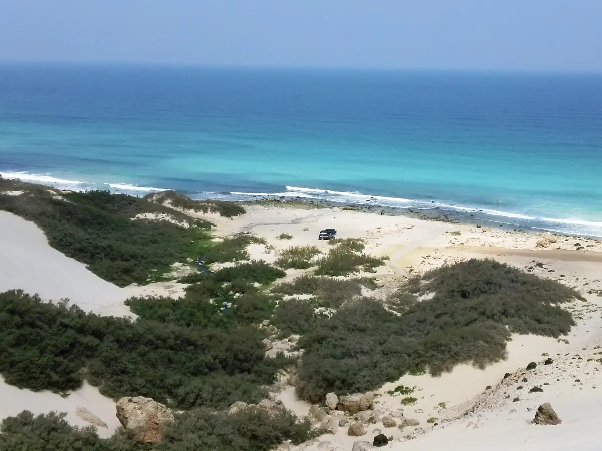 White dunes and scrub running down to the sea at Arher