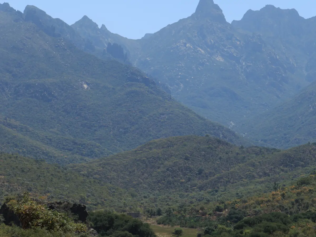 The green valley of Wadi Ayhaft beneath jagged peaks